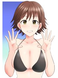 Rule 34 | 1girl, artist request, bare shoulders, bikini, black bikini, blue background, blush, breasts, brown hair, cleavage, collarbone, commentary, hands up, highres, honda mio, idolmaster, idolmaster cinderella girls, large breasts, lipstick, looking at viewer, makeup, o-ring, o-ring bikini, round teeth, short hair, sideboob, smile, solo, string bikini, string pull, swimsuit, teeth, two-tone background, upper body, white background, yellow eyes