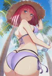 Rule 34 | 1girl, ass, ass focus, ball, beachball, bikini, blunt bangs, blush, breasts, closed mouth, commentary request, from behind, from below, go-toubun no hanayome, hand on headwear, hat, highres, holding, holding ball, holding beachball, large breasts, looking at viewer, looking back, nakano nino, palm tree, pink hair, short hair, side-tie bikini bottom, smile, solo, straw hat, swimsuit, tree, umetasuku