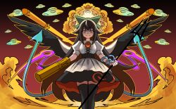 Rule 34 | 1girl, a-xii, arm cannon, bird wings, black skirt, black thighhighs, black wings, blue wings, bow, breasts, brown hair, buttons, cape, center frills, closed mouth, collared shirt, commentary request, control rod, explosion, feet out of frame, frills, fusion, glowing, glowing eyes, green bow, hair bow, holding trident, houjuu nue, large breasts, long hair, looking at viewer, medium bangs, mimi-chan, missile, orange eyes, pink wings, puffy short sleeves, puffy sleeves, reiuji utsuho, shaded face, shirt, short sleeves, skirt, slit pupils, smile, snake, solo, split mouth, standing, thighhighs, third eye, tomoe (symbol), touhou, touhou (pc-98), ufo, weapon, white cape, white shirt, wings