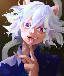Rule 34 | 1girl, animal ears, cat ears, female focus, finger to mouth, highres, hunter x hunter, licking finger, long fingers, looking at viewer, makeup, messy hair, moroi, nail polish, neferpitou, sharp teeth, tail, teeth, tongue, tongue out, white hair