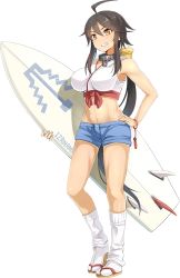 Rule 34 | 1girl, ahoge, bare shoulders, black hair, breasts, cleavage, emerane, full body, grin, hair ribbon, hand on own hip, holding, holding surfboard, large breasts, long hair, loose socks, low-tied long hair, multicolored hair, official art, onigajo (oshiro project), orange eyes, oshiro project:re, oshiro project:re, red hair, ribbon, short shorts, shorts, sleeveless, smile, socks, solo, standing, surfboard, transparent background, very long hair