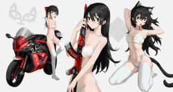 Rule 34 | 3girls, absurdres, ak-47, animal ear fluff, animal ears, armpits, arms up, assault rifle, bare arms, bare shoulders, between breasts, bikini, black hair, blush, bow, breasts, brown eyes, cat ears, cat girl, cat tail, cleavage, cleavage cutout, closed mouth, clothing cutout, collarbone, commentary request, grey background, gun, hair between eyes, hair bow, highleg, highleg bikini, highres, holding, holding gun, holding weapon, kalashnikov rifle, kneeling, leg up, long hair, looking at viewer, medium breasts, motor vehicle, motorcycle, mouth hold, multiple girls, navel, original, pikaqx, ponytail, red bow, ribbon, rifle, side-tie bikini bottom, skindentation, standing, standing on one leg, stomach, strapless, strapless bikini, swimsuit, tail, tying hair, underboob, weapon, white bikini, white legwear, white ribbon