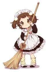 Rule 34 | 1girl, :3, apron, blush, blush stickers, broom, brown eyes, brown hair, child, dress, fang, fang out, frills, full body, hair ornament, hairpin, looking at viewer, loose socks, maid, maid apron, maid headdress, mary janes, matching hair/eyes, mokarooru, name tag, original, oversized object, pom pom (clothes), shoes, short hair, simple background, smile, socks, solo, two side up, uwabaki, white background, yellow socks