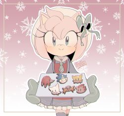 Rule 34 | 1girl, amy rose, animal ears, animal nose, apron, artist name, bat ears, bat girl, blue bow, blue dress, blue fur, blue thighhighs, blush, bow, brown fur, closed mouth, collared dress, commentary, cookie, dr. eggman, dress, english commentary, facial hair, food, fox boy, fox ears, frills, furry, furry female, glasses, gloves, gradient background, green eyes, green gloves, green necktie, hands up, hat, hat bow, hedgehog, hedgehog ears, hedgehog girl, holding, holding tray, knuckles the echidna, long sleeves, looking at viewer, mustache, necktie, pink background, pink fur, purple eyes, red apron, red eyes, red fur, rellyia, rouge the bat, round eyewear, shadow the hedgehog, smile, snowflake background, snowflakes, solo, sonic (series), sonic the hedgehog, standing, star (symbol), starry background, tails (sonic), teeth, thighhighs, tray, two-tone fur, white background, white fur, white hat, yellow fur