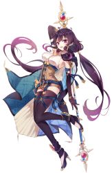Rule 34 | 1girl, armpits, atelier (series), atelier sophie, atelier sophie 2, belt, breasts, bridal gauntlets, brown hair, cape, full body, high heels, highres, holding, holding polearm, holding weapon, karasumi (aiseec), large breasts, looking at viewer, open mouth, polearm, purple eyes, ramizel erlenmeyer, thighhighs, twintails, weapon