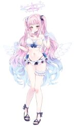 Rule 34 | 1girl, angel wings, arm strap, bikini, black footwear, black scrunchie, blue archive, blue flower, blush, breasts, choker, commentary, crescent, feathered wings, flower, frilled bikini, frills, full body, gradient hair, gradient halo, hair flower, hair ornament, hair ribbon, hair scrunchie, halo, highres, knees, large breasts, legs, long hair, looking at viewer, low wings, mika (blue archive), multicolored hair, multicolored halo, navel, paraffin, pink hair, print bikini, ribbon, sandals, sarong, scrunchie, see-through sarong, simple background, smile, solo, stomach, swimsuit, thigh strap, thighs, toenails, toes, twintails, white background, white bikini, white choker, white ribbon, white wings, wings, yellow eyes