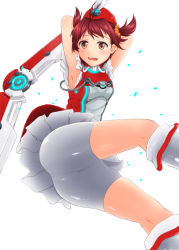 Rule 34 | 1girl, armpits, arms up, ass, bad id, bad pixiv id, bike shorts, blush, boomerang, brown hair, hat, isshiki akane, looking at viewer, open mouth, palette suit, red hair, short hair, skirt, solo, twintails, vividred operation, zinzen