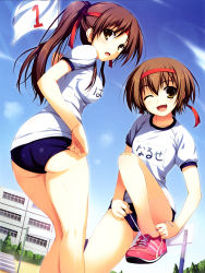 Rule 34 | 2girls, absurdres, adjusting buruma, adjusting clothes, ass, breasts, buruma, collarbone, day, fang, flag, gym uniform, headband, highres, holding, huge filesize, leg up, long hair, looking at viewer, looking back, multiple girls, one eye closed, open mouth, outdoors, ponytail, shoes, short hair, short sleeves, sky, small breasts, smile, sneakers, tomose shunsaku