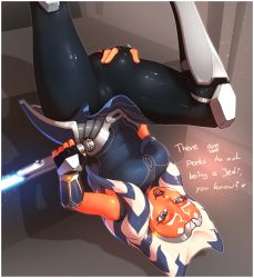 Rule 34 | 1girl, ahsoka tano, alien, animification, armor, ass, ass grab, black gloves, black legwear, blue eyes, blue hair, breasts, brown lips, cameltoe, cleft of venus, colored skin, commentary, deep skin, energy sword, english commentary, english text, eyelashes, facial tattoo, fingerless gloves, flirting, forehead, gloves, grabbing own ass, greaves, hand on own ass, highres, holding, holding sword, holding weapon, justrube, knee pads, leg up, lightsaber, lips, long hair, looking at viewer, medium breasts, multicolored eyes, multicolored hair, open mouth, orange skin, pants, red eyes, reverse grip, ringed eyes, shiny clothes, sleeveless, solo, spread ass, star wars, star wars: rebels, star wars: the clone wars, sword, tattoo, tentacle hair, thick thighs, thighs, tight clothes, tight pants, togruta, two-tone hair, upside-down, vambraces, weapon, white hair