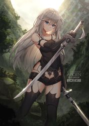 Rule 34 | 1girl, ardenlolo, bare shoulders, black gloves, black shirt, black shorts, black thighhighs, blue eyes, dual wielding, elbow gloves, gloves, hair between eyes, holding, holding sword, holding weapon, katana, long hair, looking at viewer, micro shorts, mole, mole under mouth, nier:automata, nier (series), outdoors, paid reward available, revealing clothes, reverse grip, shirt, shorts, silver hair, sleeveless, sleeveless shirt, solo, standing, sword, thighhighs, thighs, twitter logo, v-shaped eyebrows, weapon, a2 (nier:automata)