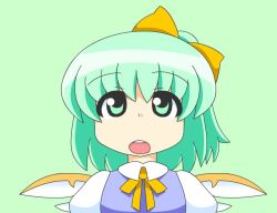 Rule 34 | 1girl, :o, blue vest, bow, collared shirt, commentary request, daiyousei, eyebrows, fairy wings, green eyes, green hair, hair bow, looking up, matching hair/eyes, open mouth, puffy short sleeves, puffy sleeves, round teeth, shirt, short hair, short sleeves, side ponytail, simple background, solo, teeth, touhou, vest, wings, yamato damashi