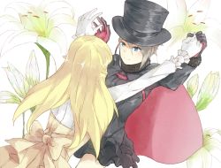 Rule 34 | 2girls, ange (princess principal), black gloves, black hat, blonde hair, blue eyes, braid, cape, eye contact, flower, gloves, grey hair, hands up, hat, highres, holding hands, lily (flower), long hair, looking at another, luobole, multiple girls, princess (princess principal), princess principal, red cape, short hair, smile, top hat, white gloves