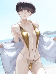 Rule 34 | 1girl, black hair, blunt bangs, breasts, closed mouth, commentary request, day, gold slingshot swimsuit, highres, kaoming, looking at viewer, medium breasts, navel, original, outdoors, paid reward available, shakujii tsubasa, short hair, smile, solo, standing, swimsuit