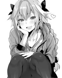 Rule 34 | 1boy, :d, astolfo (fate), blouse, blush, bow, braid, casual, commentary request, fang, fate/apocrypha, fate (series), greyscale, hair between eyes, hair bow, half-closed eyes, hand on own cheek, hand on own face, highres, hood, hoodie, inari (inariya), male focus, monochrome, official alternate costume, open mouth, pantyhose, protected link, shirt, simple background, smile, solo, squatting, striped clothes, striped shirt, trap, white background