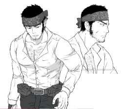 Rule 34 | 1boy, arms at sides, bara, beard, beard stubble, belt, buzz cut, chest hair peek, collared shirt, facial hair, facial scar, from side, golden kamuy, greyscale, isomine, large pectorals, long sideburns, looking ahead, male focus, mature male, monochrome, multiple views, muscular, muscular male, pants, pectoral cleavage, pectorals, profile, sanpaku, scar, scar on cheek, scar on face, serious, shirt, short hair, sideburns, stubble, tanigaki genjirou, thick eyebrows, v-shaped eyebrows, very short hair