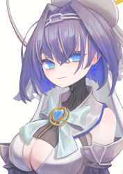 Rule 34 | 1girl, absurdres, aqua bow, bare shoulders, blue bow, blue eyes, bow, bow earrings, breasts, cleavage, cleavage cutout, closed mouth, clothing cutout, earrings, hair between eyes, hair intakes, hairband, heart, highres, hololive, hololive english, hwoi (hw 123), jewelry, ouro kronii, ouro kronii (1st costume), purple hair, short hair, simple background, smile, solo, upper body, virtual youtuber, white background, zipper, zipper pull tab