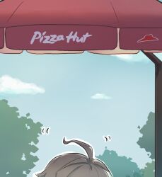Rule 34 | 1boy, ahoge, alhaitham (genshin impact), cloud, commentary, company name, day, genshin impact, grey hair, highres, out of frame, outdoors, pizza hut, sky, solo, tree, xinzoruo