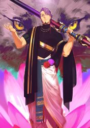 Rule 34 | 1boy, beard, duryodhana (fate), earrings, facial hair, fate/grand order, fate (series), flower, holding, holding staff, jewelry, looking at viewer, lotus, male focus, muscular, official art, pako (pakosun), purple hair, smile, staff