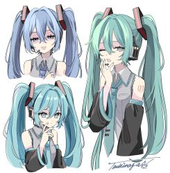 Rule 34 | 1girl, aqua eyes, aqua hair, aqua nails, aqua necktie, black sleeves, blue eyes, blue hair, blue necktie, closed mouth, collared shirt, commentary request, cropped torso, detached sleeves, grey shirt, hair between eyes, hair ornament, half-closed eyes, hand up, hatsune miku, headphones, highres, long hair, long sleeves, looking at viewer, microphone, multiple views, naguno-0713, necktie, one eye closed, open mouth, shirt, shoulder tattoo, simple background, sleeveless, sleeveless shirt, tattoo, twintails, upper body, vocaloid, white background, yawning