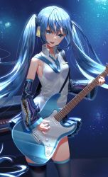 Rule 34 | 1girl, absurdly long hair, absurdres, amplifier, aqua nails, bare shoulders, black skirt, black sleeves, black thighhighs, blue hair, blue necktie, commentary, cowboy shot, detached sleeves, electric guitar, english commentary, fender stratocaster, guitar, hatsune miku, headphones, headset, highres, holding, holding instrument, holding plectrum, instrument, long hair, looking at viewer, miniskirt, music, nail polish, necktie, oohhya, open mouth, playing instrument, pleated skirt, plectrum, shirt, skirt, sleeveless, sleeveless shirt, smile, solo, standing, thighhighs, twintails, very long hair, vocaloid, white shirt, zettai ryouiki