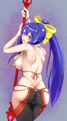 Rule 34 | 1girl, antenna hair, arc system works, ass, back, backless outfit, bare shoulders, black pants, blazblue, blazblue: central fiction, blazblue variable heart, blue hair, blush, bow, breasts, butt crack, cowboy shot, embarrassed, fingerless gloves, from behind, genderswap, genderswap (mtf), gloves, hair between eyes, hair bow, hair ribbon, halterneck, highres, holding, holding weapon, large breasts, leaning forward, leaning on object, long hair, looking at viewer, looking back, lowleg, lowleg pants, mai natsume, no bra, no panties, open mouth, orca8303, pants, polearm, ponytail, purple eyes, revealing clothes, ribbon, shiny clothes, shiny skin, sideboob, sidelocks, smile, solo, spear, standing, very long hair, weapon, yellow bow
