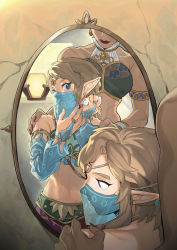 Rule 34 | 1boy, 1girl, blonde hair, bridal gauntlets, crossdressing, detached sleeves, earrings, gerudo, gerudo set (zelda), gyou chin, hands on another&#039;s shoulders, head out of frame, jewelry, link, midriff, mirror, nintendo, pointy ears, reflection, stomach, the legend of zelda, the legend of zelda: breath of the wild, upper body, veil
