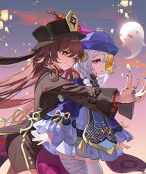 Rule 34 | 2girls, absurdres, artist request, bandaged leg, bandages, bead bracelet, bead necklace, beads, black shorts, bracelet, brown hair, chinese clothes, cowboy shot, closed eyes, frilled sleeves, frills, genshin impact, ghost, hat, highres, hu tao (genshin impact), jewelry, jiangshi, lantern, long sleeves, multiple girls, nail polish, necklace, outstretched arm, outstretched arms, purple eyes, purple hair, qiqi (genshin impact), red eyes, ring, shorts, sky, smile, symbol-shaped pupils, talisman, thighhighs, twintails, white legwear, wide sleeves