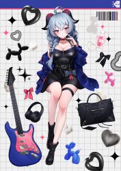 Rule 34 | 1girl, absurdres, accessories, ahoge, alternate costume, ankkoyom, balloon, balloon animal, barcode, black bag, black dress, black footwear, blue hair, boots, bottle, braid, breasts, choker, cleavage, collarbone, commentary request, dress, electric guitar, full body, ganyu (genshin impact), genshin impact, goat horns, guitar, hand up, headphones, heart balloon, highres, horns, instrument, large breasts, long hair, long sleeves, looking at viewer, medium breasts, off shoulder, parted lips, perfume bottle, purple eyes, red choker, red ribbon, ribbon, solo, sparkle, tassel, thigh strap, twin braids