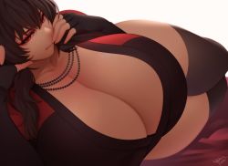 Rule 34 | 1girl, absurdres, artist name, bed, black hair, breasts, cleavage, collarbone, curvy, fingerless gloves, gigantic breasts, gloves, highres, huge breasts, jewelry, long hair, looking at viewer, lying, mature female, nachocobana, necklace, on side, raven branwen, red eyes, rwby, smile, solo, thick thighs, thighhighs, thighs, white background, wide hips