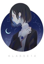 Rule 34 | 1girl, black hair, black jacket, blue eyes, bob cut, bootes (constellation), cassiopeia (constellation), cepheus (constellation), coma berenices (constellation), constellation, constellation request, crescent moon, draco (constellation), earrings, fingernails, hand on own shoulder, highres, jacket, jewelry, kirudai, klasse14, looking to the side, moon, night, original, round image, solo, sweater, tsurime, turtleneck, turtleneck sweater, watch, white background, wristwatch