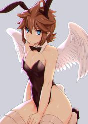 Rule 34 | 1boy, ahoge, angel wings, animal ears, bare arms, bare shoulders, black bow, black bowtie, black hairband, black leotard, blue eyes, bow, bowtie, brown hair, chromatic aberration, collarbone, commentary, covered navel, crossdressing, detached collar, embarrassed, fake animal ears, feathered wings, frown, grey background, hairband, high heels, kid icarus, leotard, looking at viewer, male focus, male playboy bunny, nintendo, nipples, pectorals, pit (kid icarus), playboy bunny, pout, rabbit ears, rabbit tail, shigatera, short hair, simple background, solo, tail, thighhighs, trap, white thighhighs, white wings, wings