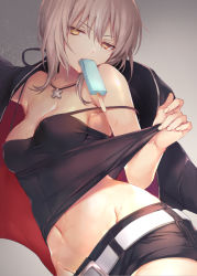 Rule 34 | 1girl, artoria pendragon (all), artoria pendragon (fate), belt, black jacket, black ribbon, black shorts, breasts, clothes pull, duplicate, fate/grand order, fate/stay night, fate (series), food, food in mouth, ice cream, jacket, jewelry, low ponytail, medium breasts, navel, necklace, official alternate costume, ribbon, saber alter, saber alter (ver. shinjuku 1999) (fate), shirt, shorts, sleeveless, sleeveless shirt, vivi (eve no hakoniwa), white belt, yellow eyes