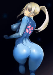 Rule 34 | 1girl, ass, blonde hair, blue bodysuit, blue eyes, bodysuit, breasts, cameltoe, commentary request, covered erect nipples, from behind, hair between eyes, highres, impossible bodysuit, impossible clothes, johan (johan13), kneepits, large breasts, lips, long hair, looking back, metroid, nintendo, ponytail, samus aran, shiny clothes, sidelocks, skin tight, solo, zero suit