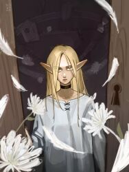Rule 34 | 1girl, absurdres, blonde hair, book, door, dungeon meshi, elf, feathers, flower, green eyes, highres, long hair, marcille donato, neck ribbon, nightgown, open door, pointy ears, ribbon, ski.ip, solo