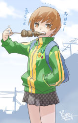 Rule 34 | 1girl, artist name, backpack, badge, bag, black skirt, brown eyes, brown hair, button badge, dated, day, eating, food, green jacket, hand in pocket, highres, holding, holding food, jacket, long sleeves, meat, outdoors, oyster (artist), persona, persona 4, satonaka chie, short hair, skewer, skirt, solo, zipper