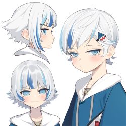Rule 34 | 1girl, :/, :3, alternate hair length, alternate hairstyle, bad id, bad pixiv id, blue eyes, blue hair, closed mouth, collarbone, gawr gura, gawr gura (1st costume), hair behind ear, hair ornament, hairclip, highres, hololive, hololive english, hood, hoodie, looking at viewer, manamachii, multicolored hair, multiple views, silver hair, smile, smug, streaked hair, v-shaped eyebrows, virtual youtuber, white background