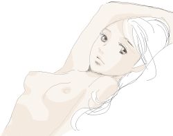 Rule 34 | 1girl, breasts, long hair, looking at viewer, lying, nipples, nude, original, partially colored, shimura takako, simple background, solo, white background