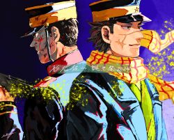 Rule 34 | 2boys, back-to-back, birthday, blood, blood on face, dual persona, eihrdgyybnq6aiw, facial scar, golden kamuy, hat, highres, kepi, light particles, looking ahead, male focus, military hat, military uniform, multiple boys, scar, scar on cheek, scar on face, scar on nose, serious, smile, sugimoto saichi, uniform, upper body