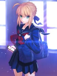 Rule 34 | 1girl, ahoge, artoria pendragon (all), artoria pendragon (fate), bag, berrykanry, blonde hair, blue bow, blue sailor collar, blue serafuku, blue shirt, blue skirt, bow, braid, capsule servant, cellphone, collarbone, commentary request, cowboy shot, day, fate (series), green eyes, hair between eyes, hair bow, hand up, highres, holding, holding phone, indoors, long sleeves, looking at viewer, master artoria, neckerchief, parted lips, phone, pleated skirt, red neckerchief, sailor collar, school bag, school uniform, serafuku, shirt, sidelocks, skirt, solo, standing, sunlight, window