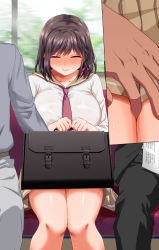 Rule 34 | 1girl, 2boys, ^ ^, aneshiko, bag, blush, braid, breasts, briefcase, brown hair, brown sailor collar, brown skirt, chikan, clenched hands, close-up, closed eyes, closed mouth, collarbone, hair ribbon, hetero, highres, holding, holding bag, indoors, knees together feet apart, large breasts, long sleeves, miniskirt, multiple boys, multiple views, necktie, nose blush, original, own hands together, pink ribbon, pleated skirt, poking, red necktie, ribbon, sailor collar, school bag, school briefcase, school uniform, seat, serafuku, shiny clothes, shirt, short hair, sidelocks, single braid, sitting, skirt, solo focus, straight-on, sweat, train interior, white shirt, window
