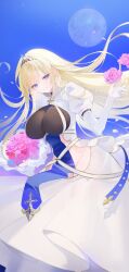 Rule 34 | 1girl, absurdres, azur lane, blonde hair, blue eyes, blue sky, bouquet, breasts, closed mouth, cross, dress, flower, framed breasts, groin, highres, holding, holding bouquet, large breasts, long hair, long sleeves, looking at viewer, moon, no panties, oyabuli, painleve (azur lane), pelvic curtain, petals, pink flower, pink rose, puffy sleeves, revealing clothes, rose, sky, smile, solo, tiara, white dress