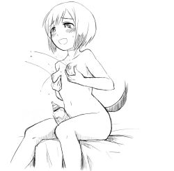 Rule 34 | 1girl, artist request, baby bottle, blush, bottle, breasts, completely nude, erica hartmann, female focus, grabbing, grabbing own breast, greyscale, lactation, monochrome, navel, nude, on bed, open mouth, projectile lactation, short hair, sitting, small breasts, smile, solo, strike witches, sweatdrop, tail, world witches series
