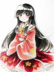 Rule 34 | black hair, blunt bangs, bow, bowtie, brown eyes, collared shirt, commentary request, floral print, highres, hime cut, houraisan kaguya, japanese clothes, long hair, long skirt, long sleeves, maa (forsythia1729), marker (medium), pink shirt, red skirt, shirt, skirt, sleeves past fingers, sleeves past wrists, touhou, traditional media, very long hair, white bow, white bowtie, wide sleeves