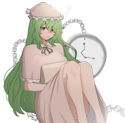 Rule 34 | 1girl, bare legs, breasts, chain, clock, commentary, english commentary, frilled nightgown, green hair, hat, highres, kazami yuuka, kazami yuuka (pc-98), large breasts, long hair, mata (matasoup), nightcap, nightgown, pillow, red eyes, simple background, sitting, sleepy, solo, squeans, touhou, white background, white nightgown