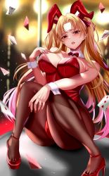 Rule 34 | 1girl, black pantyhose, blonde hair, breasts, ereshkigal (fate), fate/grand order, fate (series), high heels, highres, kuro (tbm9187), large breasts, leotard, long hair, looking at viewer, pantyhose, parted bangs, playboy bunny, red eyes, red leotard, solo, two side up