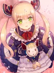 Rule 34 | 1girl, blonde hair, blush, bow, commentary request, double bun, dress, green eyes, hair bow, hair bun, highres, layered sleeves, long hair, long sleeves, looking at viewer, luna (shadowverse), own hands together, parted lips, petals, puffy short sleeves, puffy sleeves, purple dress, red bow, shadowverse, short over long sleeves, short sleeves, side bun, smile, solo, stuffed animal, stuffed toy, suzuki puramo, twintails, very long hair