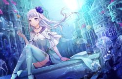 Rule 34 | 1girl, bad id, bad pixiv id, blue choker, blue eyes, blue footwear, blue theme, bracelet, building, capelet, choker, commentary request, dress, fish, floating hair, hand up, jellyfish, jewelry, long hair, original, short sleeves, sitting, solo, thighhighs, tsumugi 8345, white capelet, white dress, white hair, white thighhighs, wide sleeves