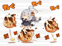 Rule 34 | 1girl, afterimage, antenna hair, black dress, black footwear, black jacket, blush, braid, breasts, closed mouth, collared shirt, dress, eating, food, food-themed hair ornament, grey hair, hair between eyes, hair ornament, highres, jacket, kizuna akari, large breasts, long hair, long sleeves, milkpanda, motion lines, open clothes, open jacket, orange pantyhose, pantyhose, shirt, shoes, simple background, solo, speed lines, striped clothes, striped pantyhose, takoyaki, twin braids, vertical-striped clothes, vertical-striped pantyhose, voiceroid, white background, white shirt