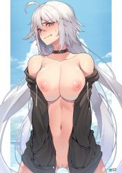 Rule 34 | 1girl, ahoge, bare shoulders, black choker, black hoodie, blue sky, blush, bottomless, choker, clenched teeth, collarbone, cowboy shot, embarrassed, fate (series), flipped hair, functionally nude, gluteal fold, hair between eyes, hands in pockets, hood, hoodie, jeanne d&#039;arc alter (fate), jjune, legs apart, long hair, long sleeves, looking at viewer, navel, nipples, no bra, no shirt, off shoulder, open clothes, open hoodie, pussy, signature, sky, solo, sweat, teeth, uncensored, very long hair, white hair, yellow eyes