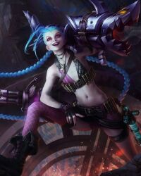 Rule 34 | 1girl, :d, arm up, bare arms, bare shoulders, belt, black belt, black gloves, black nails, braid, bullet, bullet necklace, fingerless gloves, flat chest, gatling gun, gloves, highres, jinx (league of legends), league of legends, long hair, looking at viewer, minigun, nail polish, navel, no tattoo, open mouth, pink eyes, pink lips, pink shorts, pink thighhighs, rocket launcher, shoes, shorts, single thighhigh, smile, solo, teeth, thighhighs, twin braids, twintails, very long hair, weapon